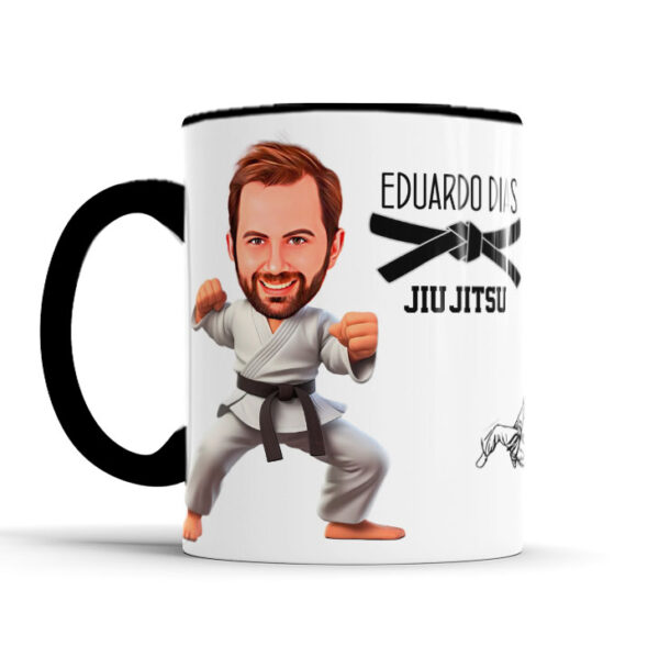Caneca Jiu Jitsu Com Caricatura E Nome Alça Colorida Preta